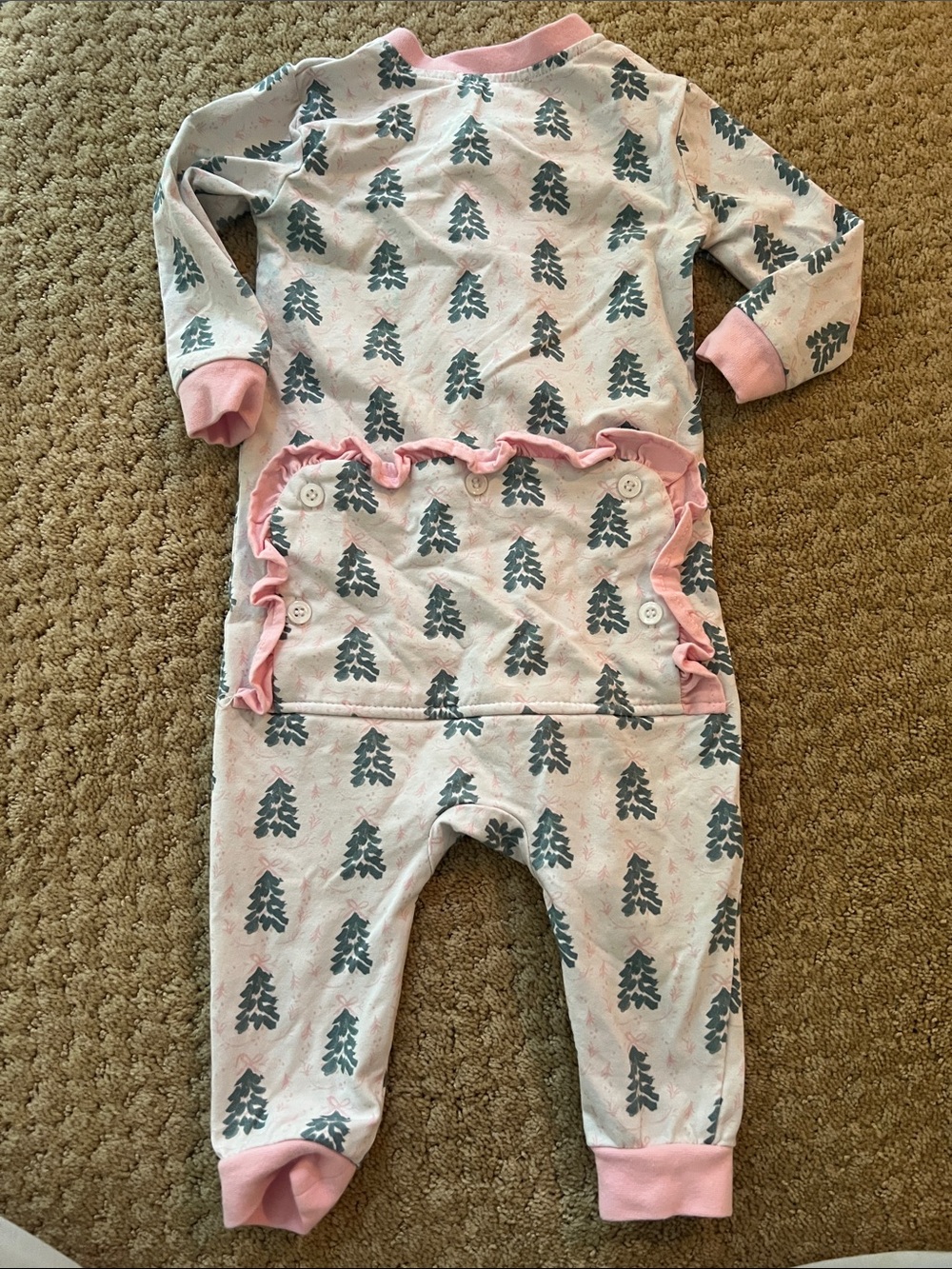 Cecil and Lou Pink Footie with Green Christmas Trees One-Piece Pajamas - Picture 2 of 3